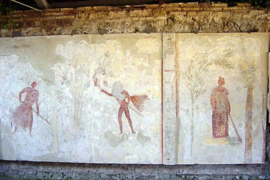 Mitreo delle pareti dipinte, right wall, left side : Nymphus, Miles and Heliodromus