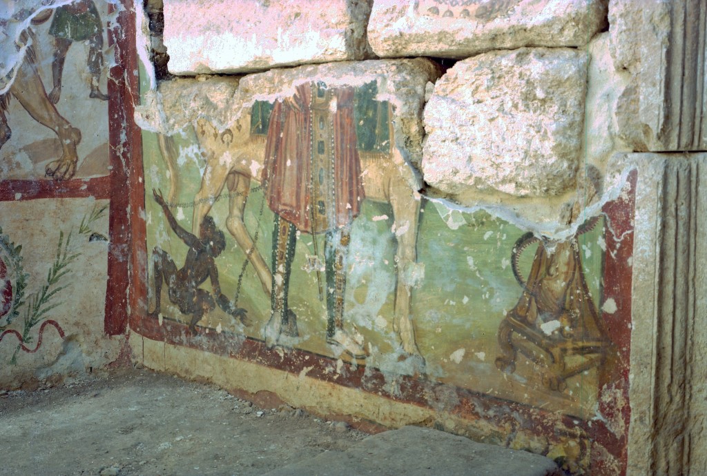 Wall painting in the vestibule of the mithraeum depicting a demon hunter.