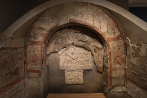 Fresco with tauroctony and seven cypresses