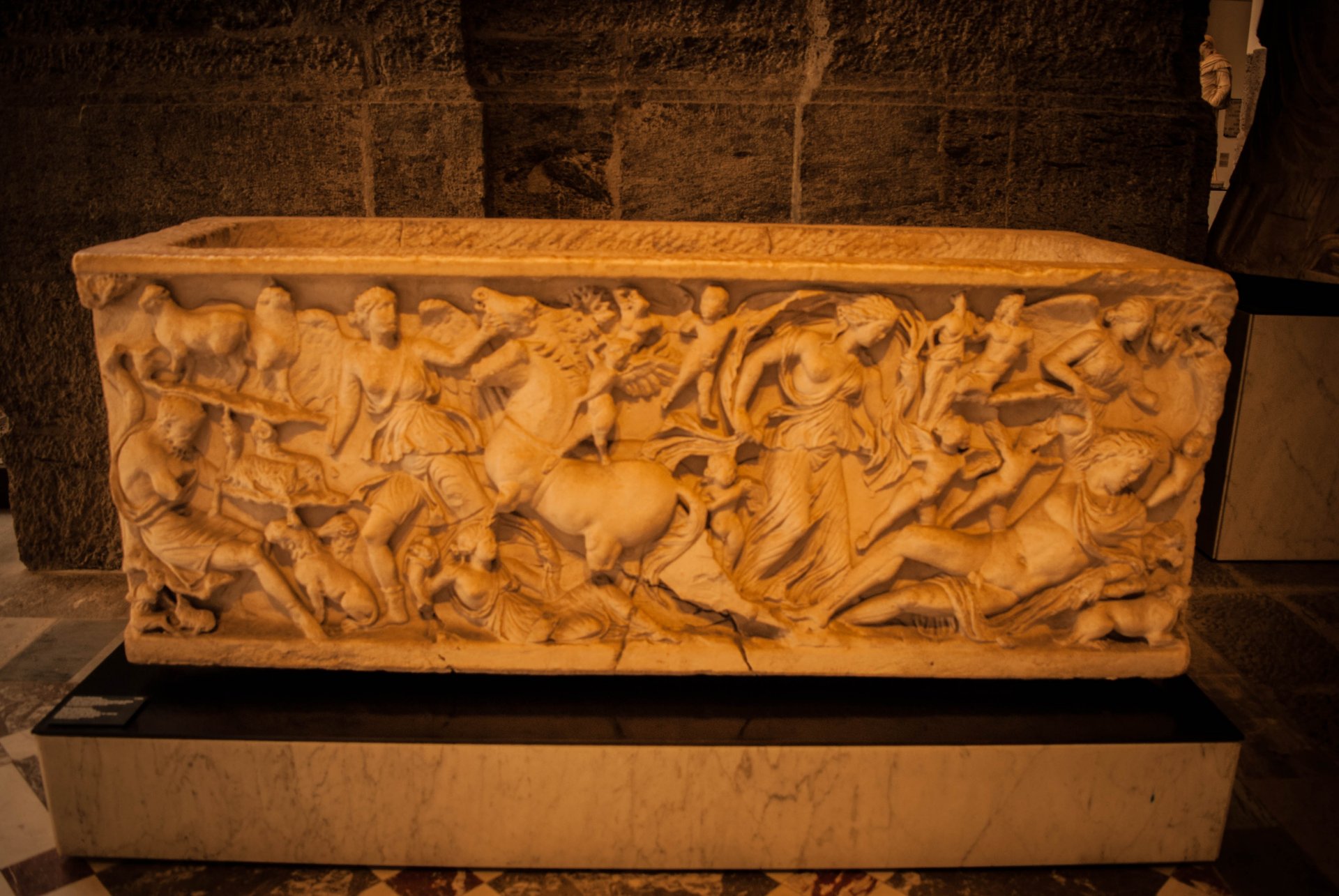 Sarcophagus with Selene and Endymion, 220-250 AD, III century, marble sculpture. Italy, Campania, Naples, National Archaeological Museum of Naples