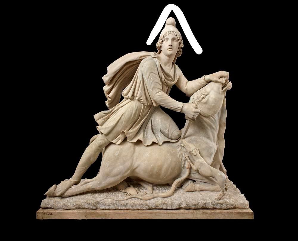 🔘 The cap on Mithra’s head is somewhat similar to the triangle above the constellation Orion.