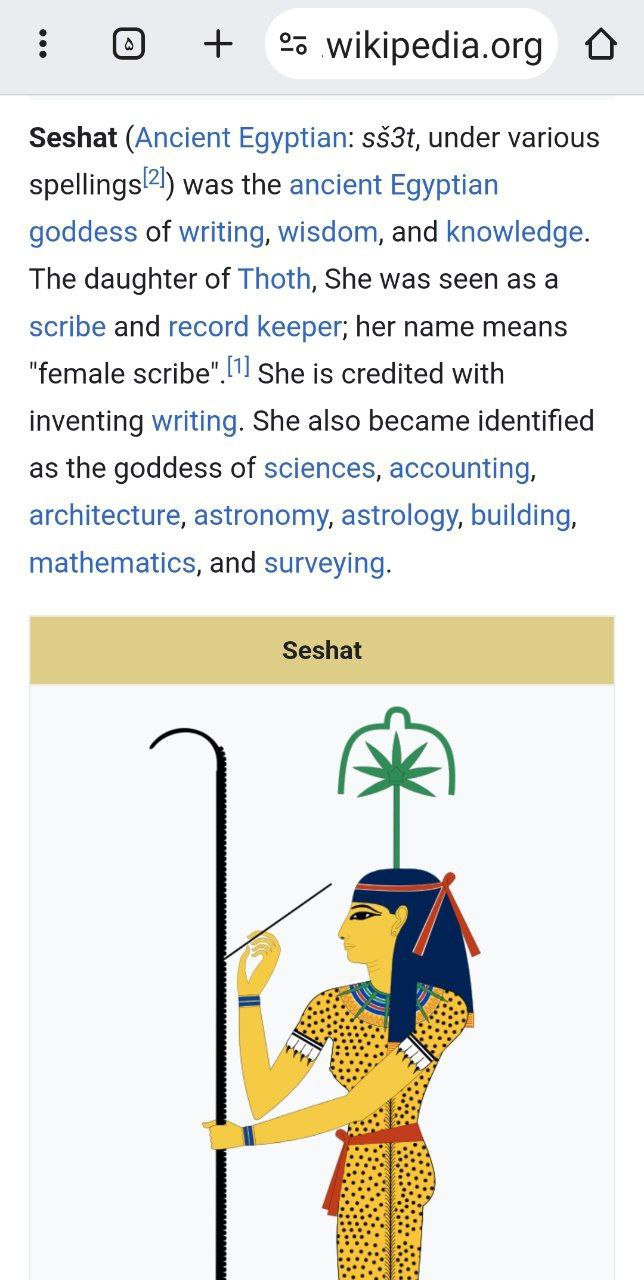 🔘 The god Seshat: 

the god of wisdom and writing in ancient Egypt, a cannabis leaf can be seen on his head.